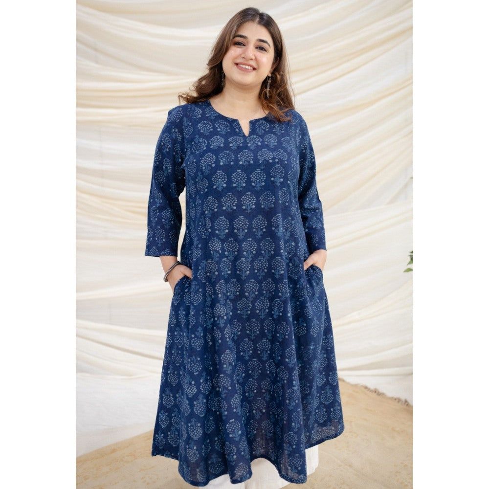 The Indian Ethnic Co. Zinal Indigo Dabu Slub Cotton Kali Kurta