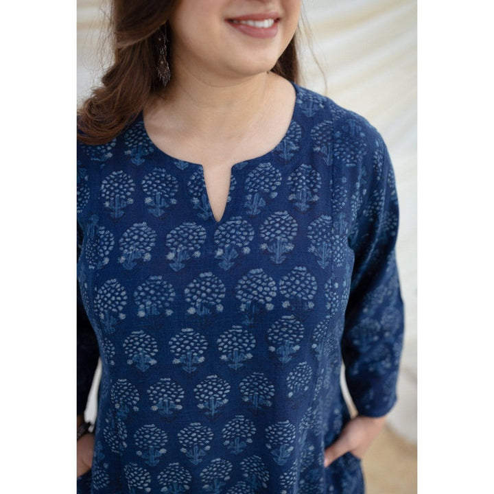 The Indian Ethnic Co. Zinal Indigo Dabu Slub Cotton Kali Kurta