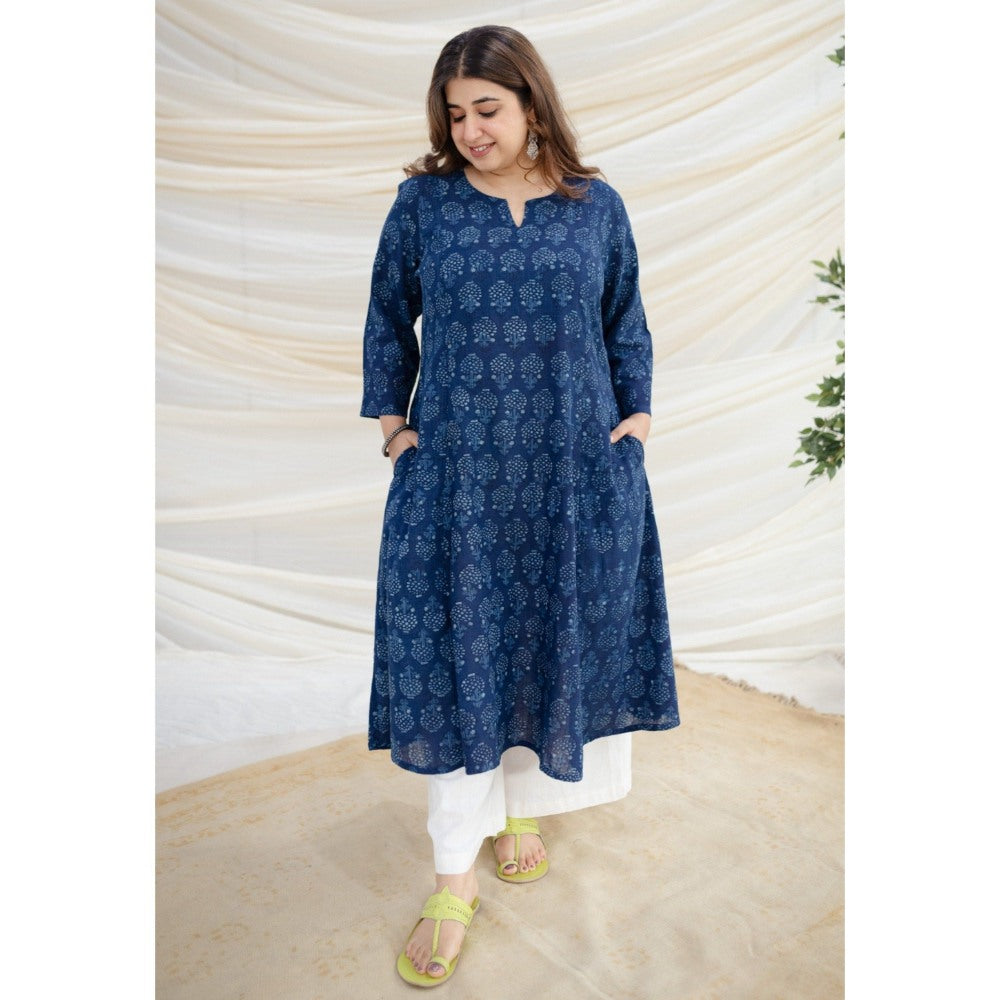 The Indian Ethnic Co. Zinal Indigo Dabu Slub Cotton Kali Kurta