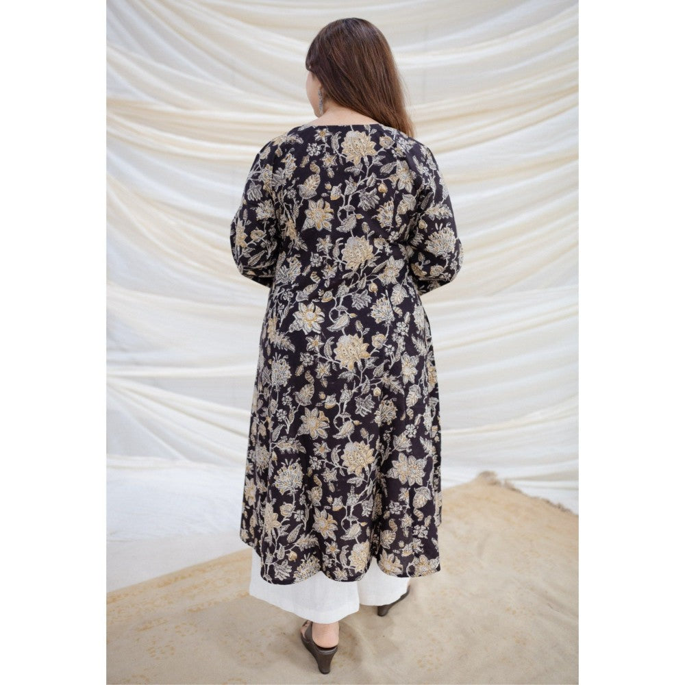 The Indian Ethnic Co. Black Bagru Kali Cotton Kurta