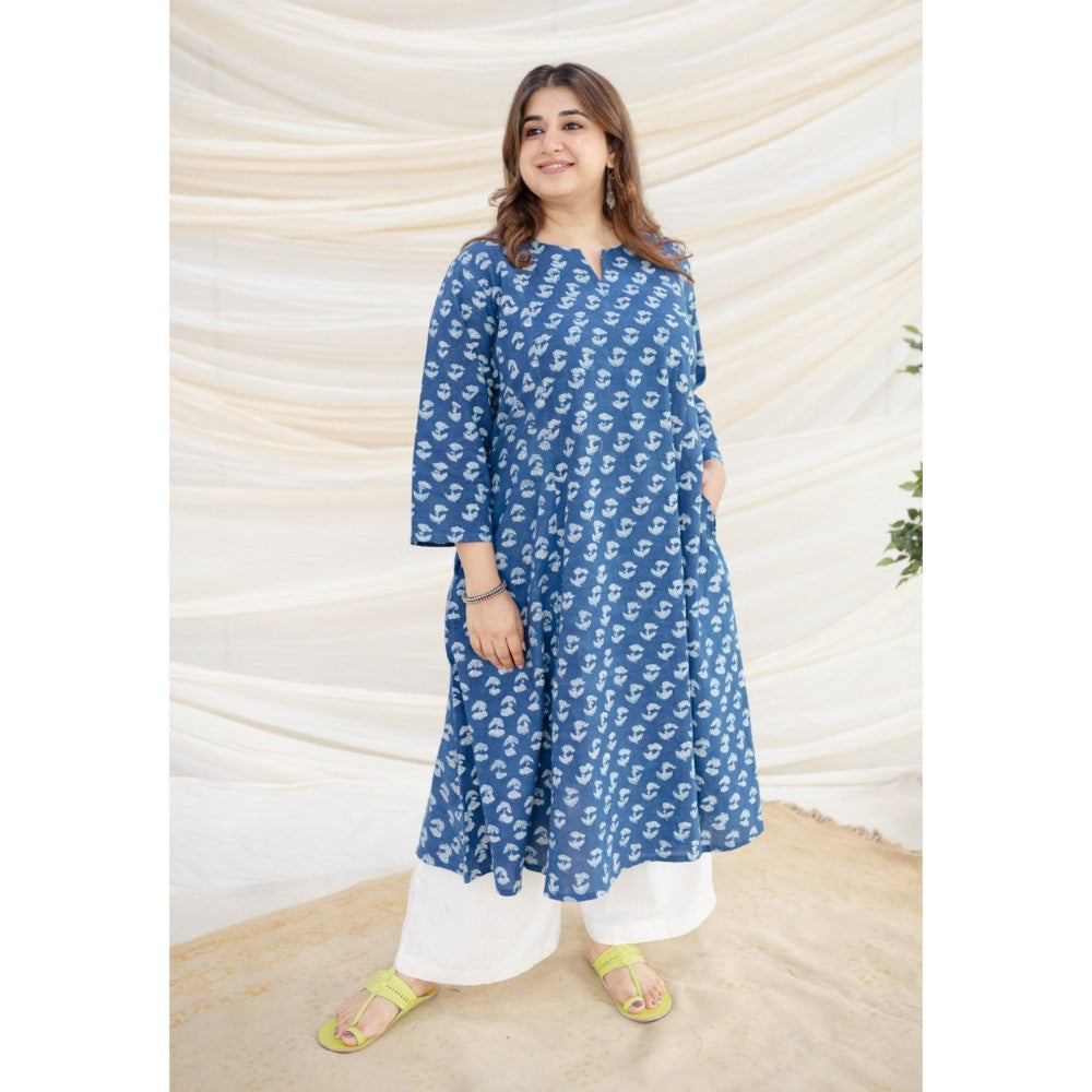 The Indian Ethnic Co. Blue Dabu Kali Cotton Kurta