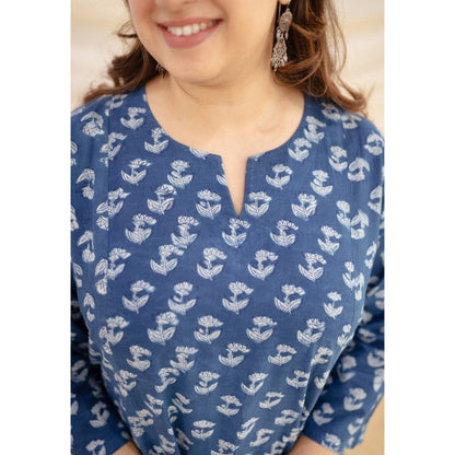 The Indian Ethnic Co. Blue Dabu Kali Cotton Kurta