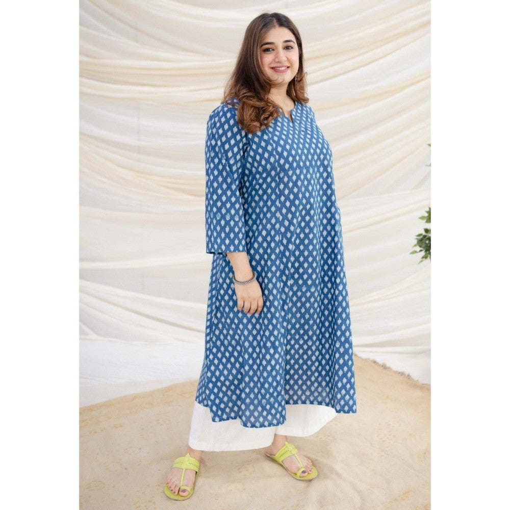 The Indian Ethnic Co. Blue Dabu Cotton Kali Kurta