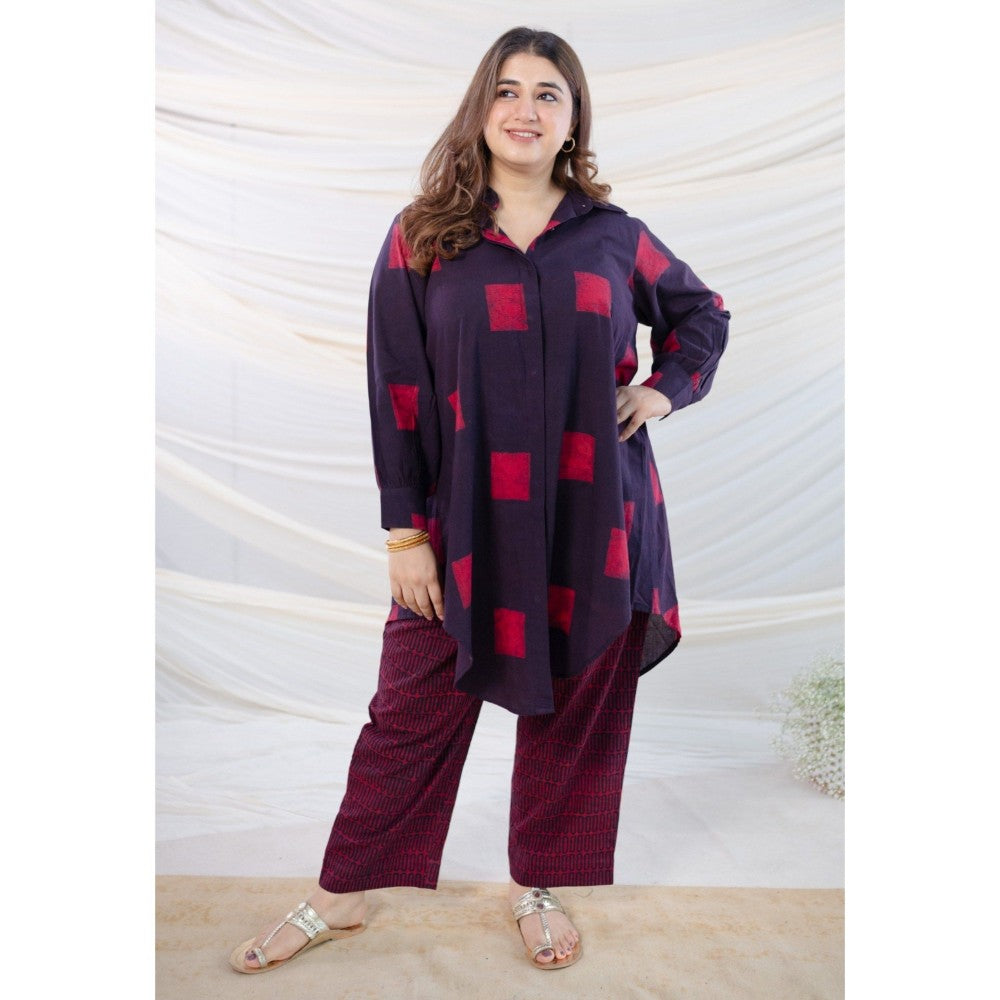 The Indian Ethnic Co. Wine Dabu Cotton Shirt With Co-Ord Set