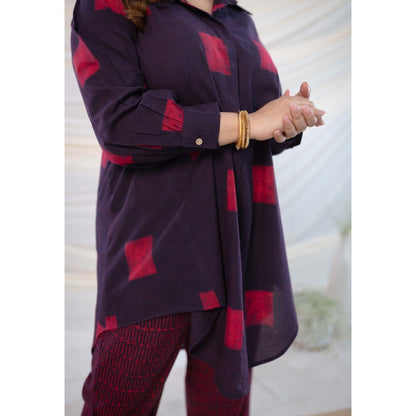 The Indian Ethnic Co. Wine Dabu Cotton Shirt With Co-Ord Set