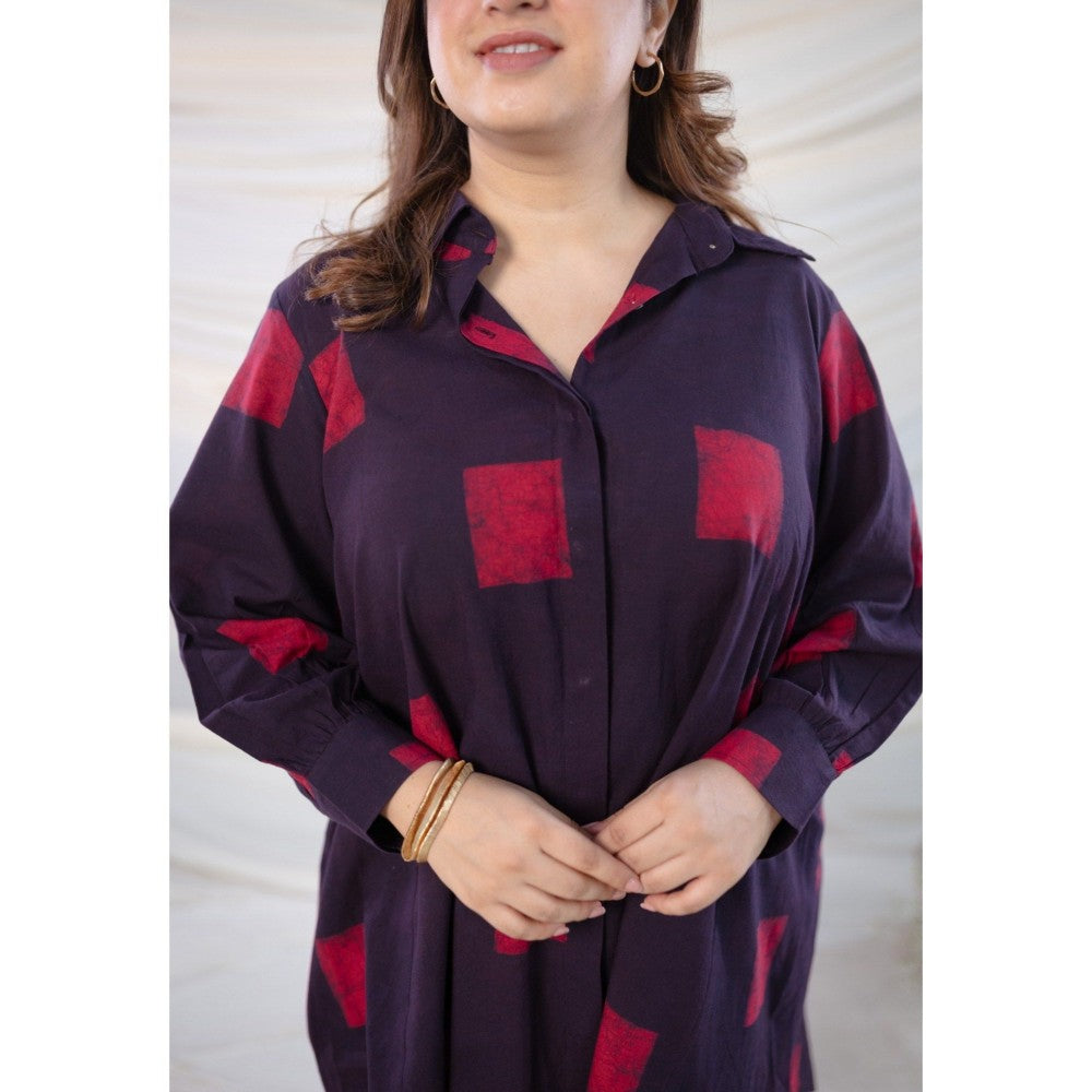 The Indian Ethnic Co. Wine Dabu Cotton Shirt With Co-Ord Set