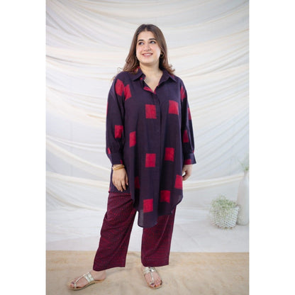 The Indian Ethnic Co. Wine Dabu Cotton Shirt With Co-Ord Set