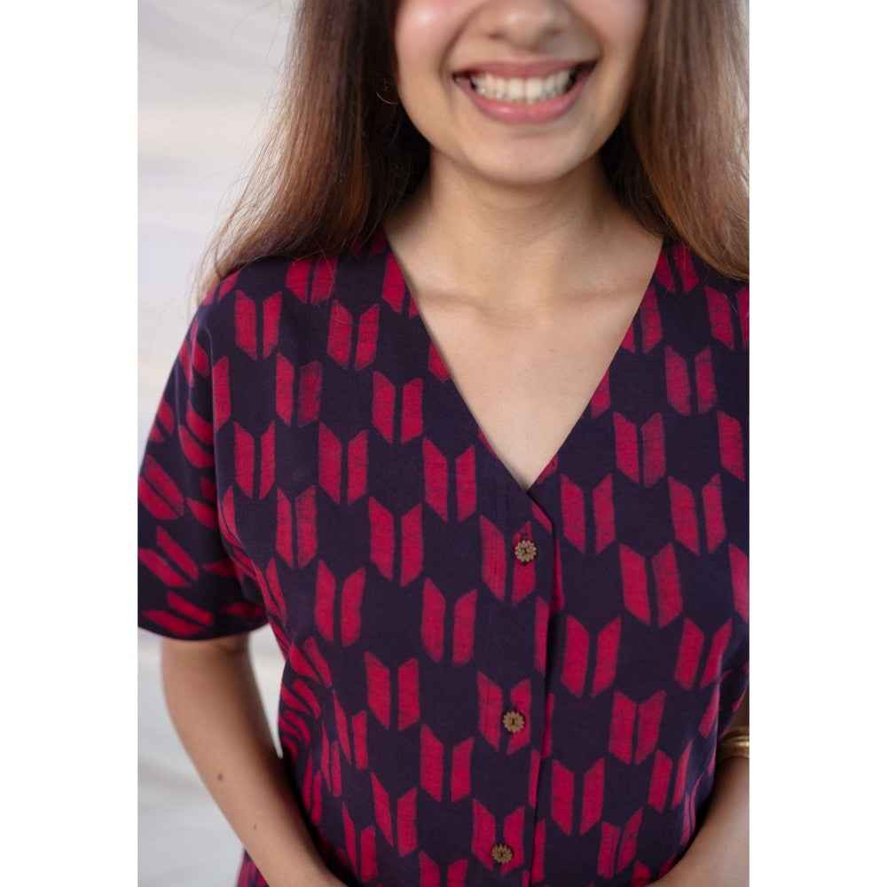 The Indian Ethnic Co. Wine Dabu Cotton Dress