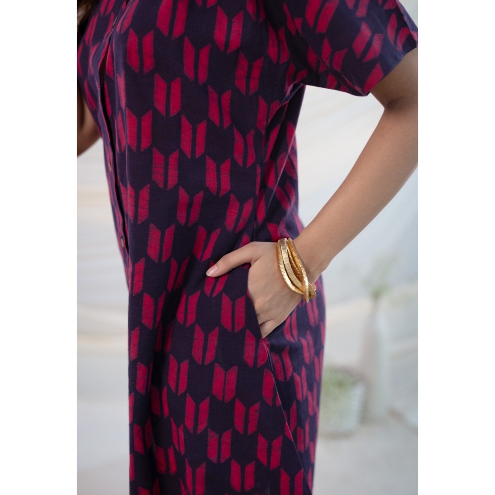 The Indian Ethnic Co. Wine Dabu Cotton Dress