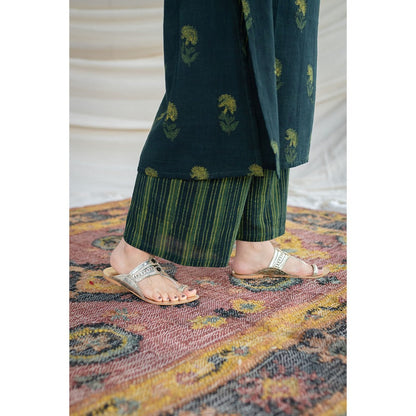 The Indian Ethnic Co. Green Yellow Striped Dabu Slub Cotton Palazzo