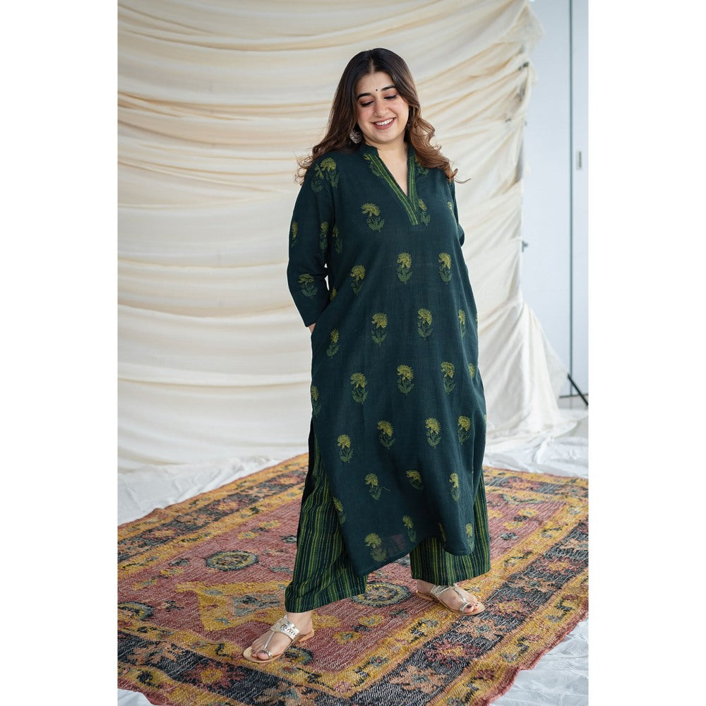 The Indian Ethnic Co. Green Yellow Striped Dabu Slub Cotton Palazzo