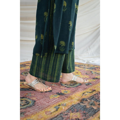 The Indian Ethnic Co. Green Yellow Striped Dabu Slub Cotton Palazzo