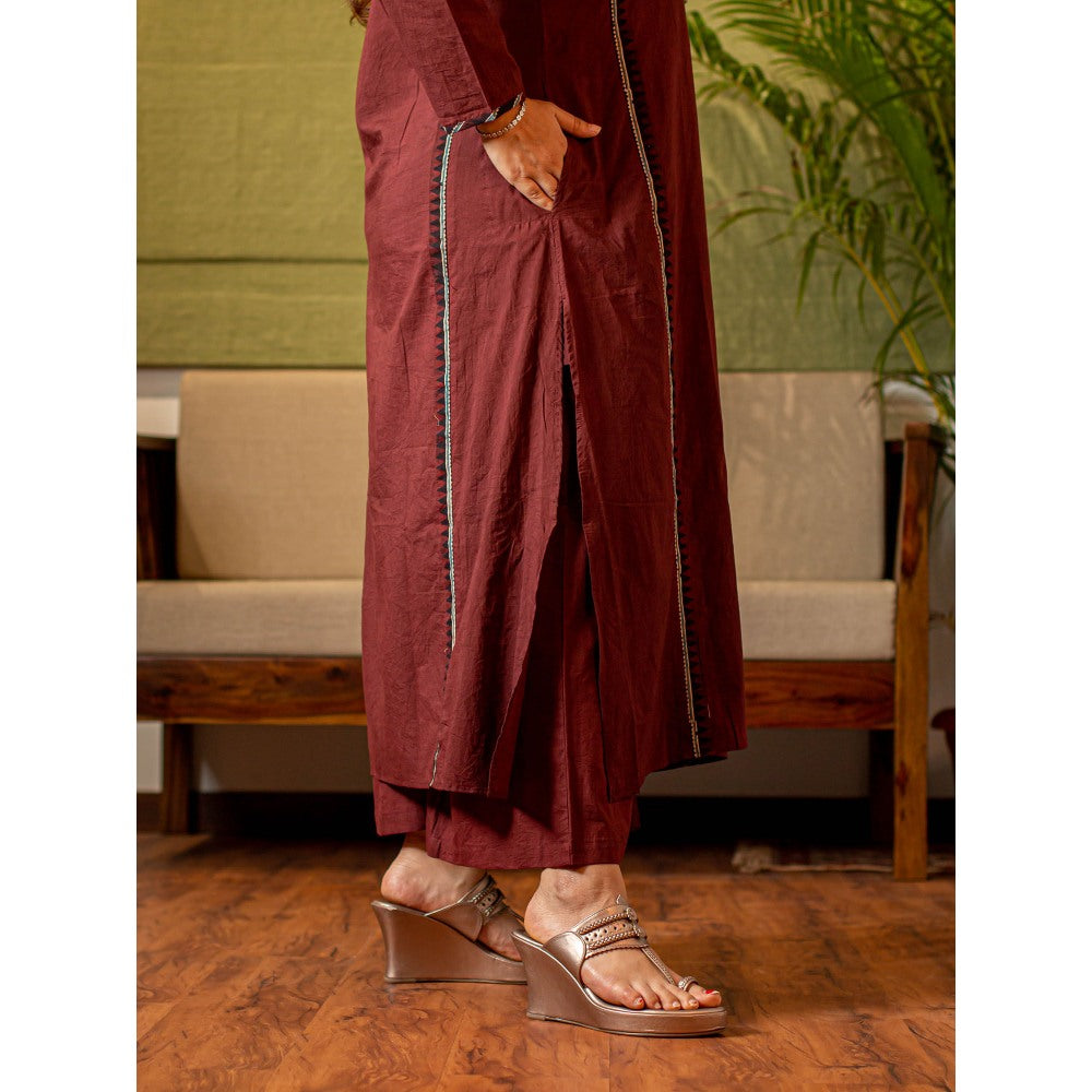 The Indian Ethnic Co. Maroon Brown Mul Cotton Flared Palazzo
