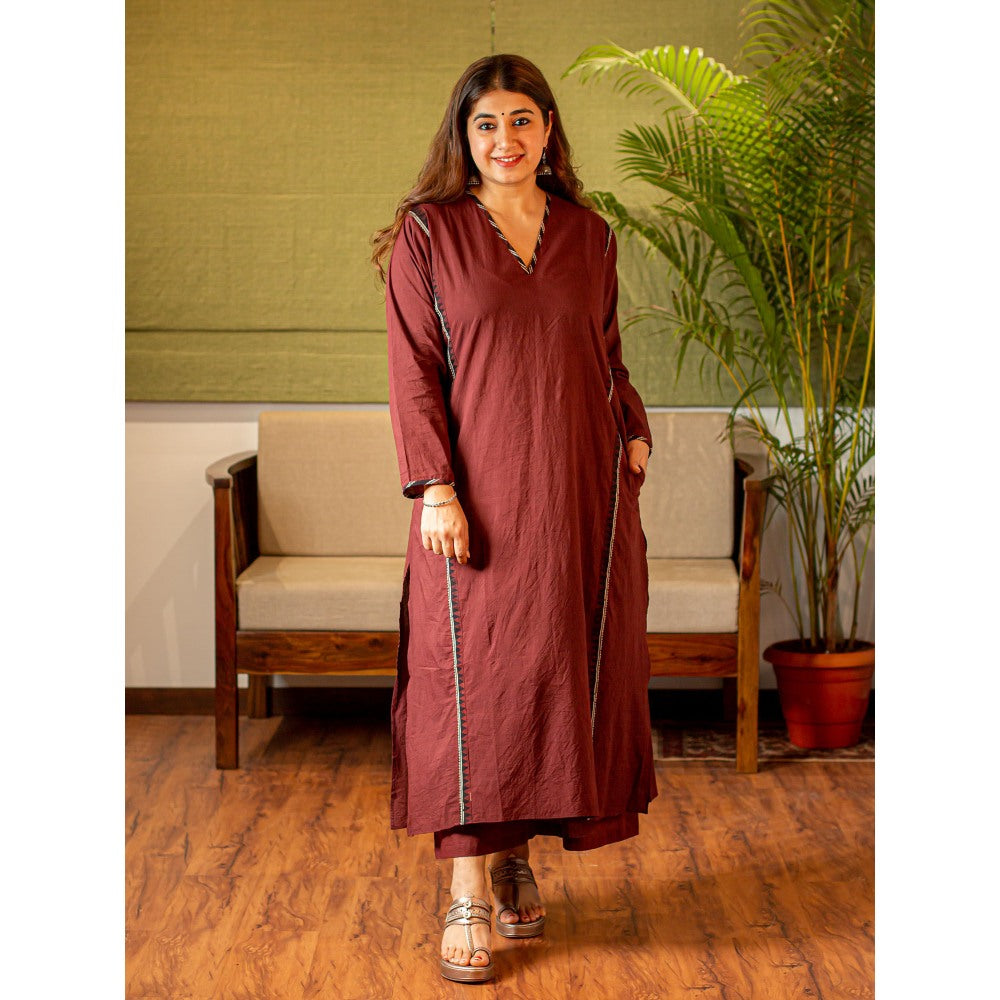 The Indian Ethnic Co. Maroon Brown Mul Cotton Flared Palazzo