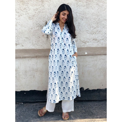 The Indian Ethnic Co. White Indigo Gul Kurta