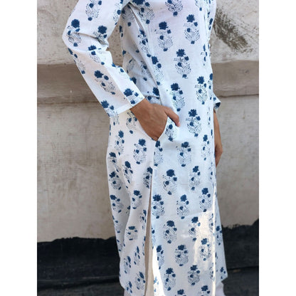 The Indian Ethnic Co. White Indigo Gul Kurta