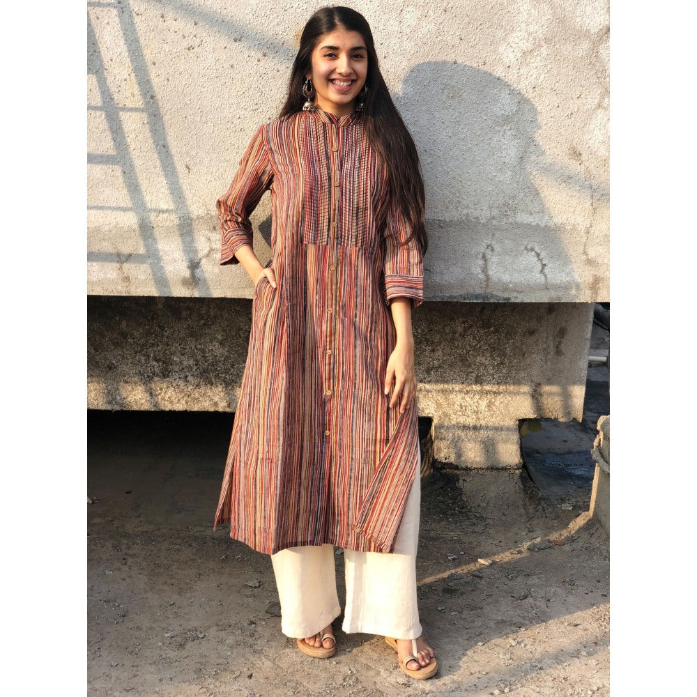 The Indian Ethnic Co. Kalamkari Striped Threaded Cotton Kurta