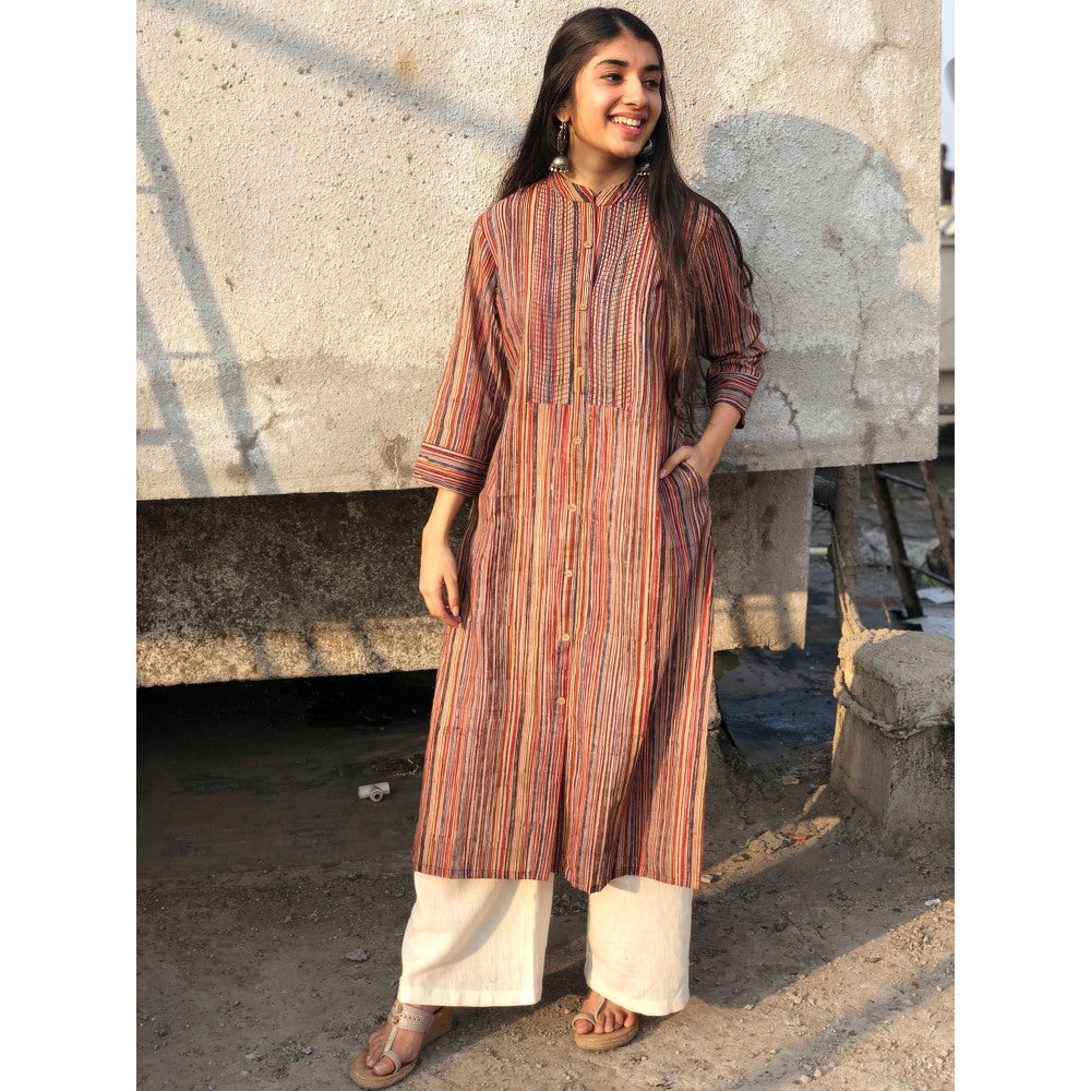 The Indian Ethnic Co. Kalamkari Striped Threaded Cotton Kurta