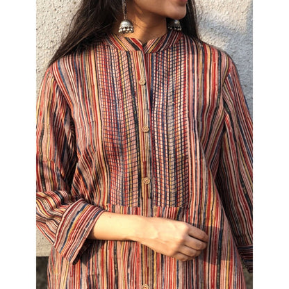 The Indian Ethnic Co. Kalamkari Striped Threaded Cotton Kurta