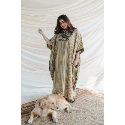 The Indian Ethnic Co. Nayan Yellow Bagru Cotton Kaftan