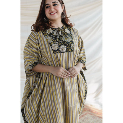 The Indian Ethnic Co. Nayan Yellow Bagru Cotton Kaftan