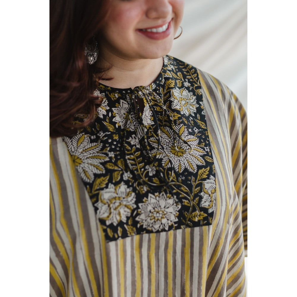 The Indian Ethnic Co. Nayan Yellow Bagru Cotton Kaftan