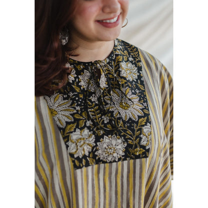 The Indian Ethnic Co. Nayan Yellow Bagru Cotton Kaftan