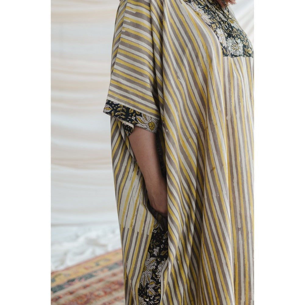 The Indian Ethnic Co. Nayan Yellow Bagru Cotton Kaftan
