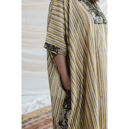 The Indian Ethnic Co. Nayan Yellow Bagru Cotton Kaftan