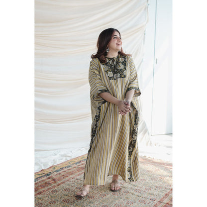 The Indian Ethnic Co. Nayan Yellow Bagru Cotton Kaftan