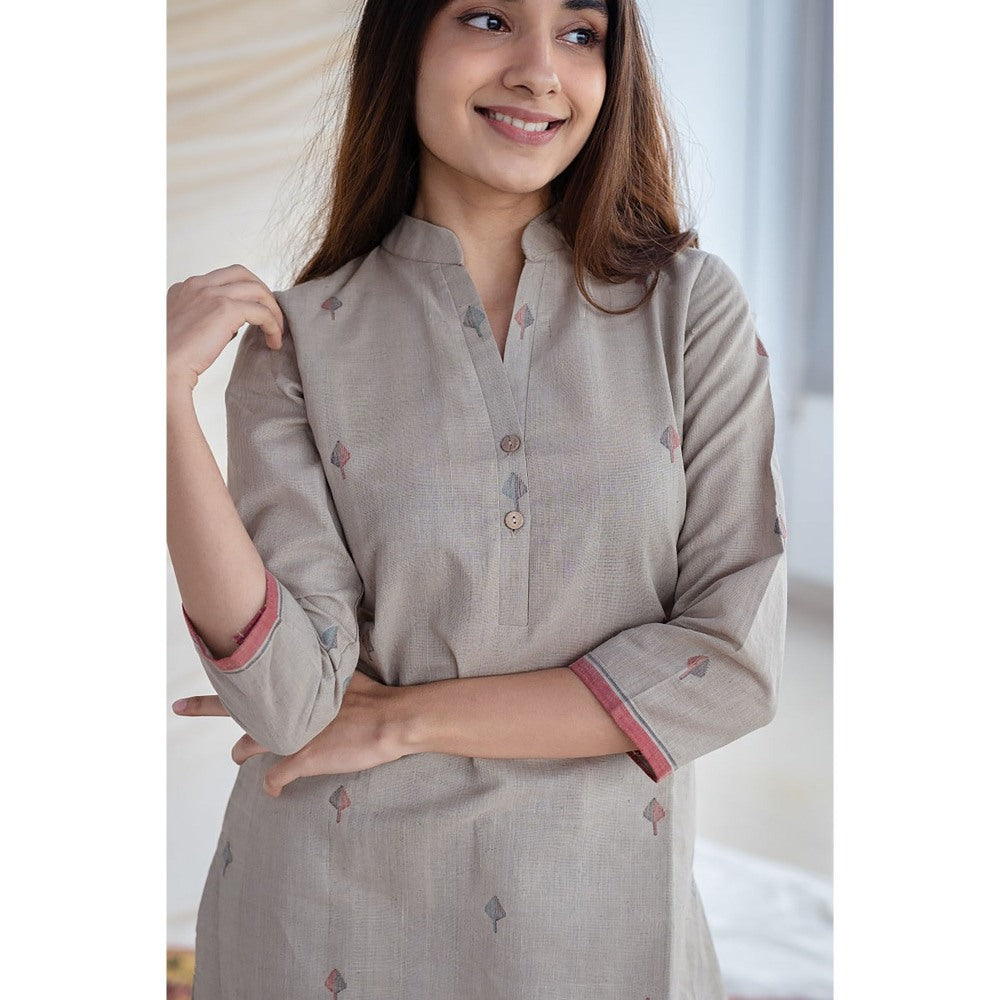 The Indian Ethnic Co. Samaira Jamdani Handwoven Grey Short Kurti