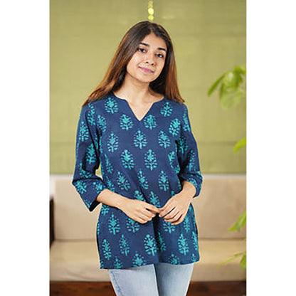 The Indian Ethnic Co. Reva Dabu Teal Cotton Short Kurti