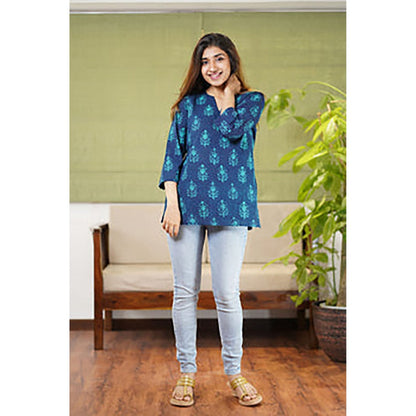 The Indian Ethnic Co. Reva Dabu Teal Cotton Short Kurti