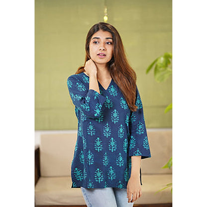 The Indian Ethnic Co. Reva Dabu Teal Cotton Short Kurti