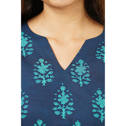 The Indian Ethnic Co. Reva Dabu Teal Cotton Short Kurti