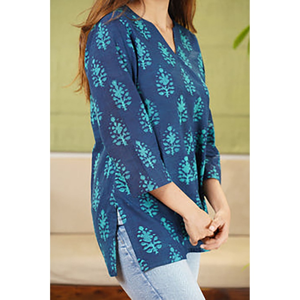 The Indian Ethnic Co. Reva Dabu Teal Cotton Short Kurti