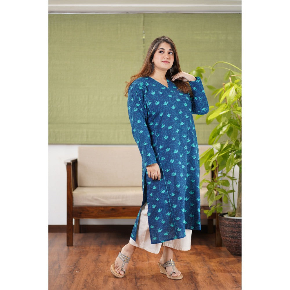 The Indian Ethnic Co. Feriya Dabu Teal Cotton Kali Kurta