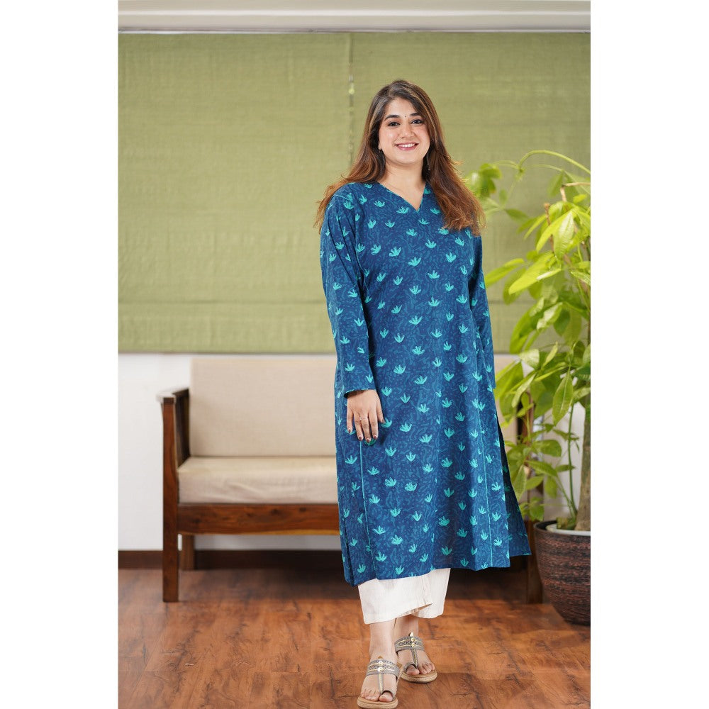 The Indian Ethnic Co. Feriya Dabu Teal Cotton Kali Kurta