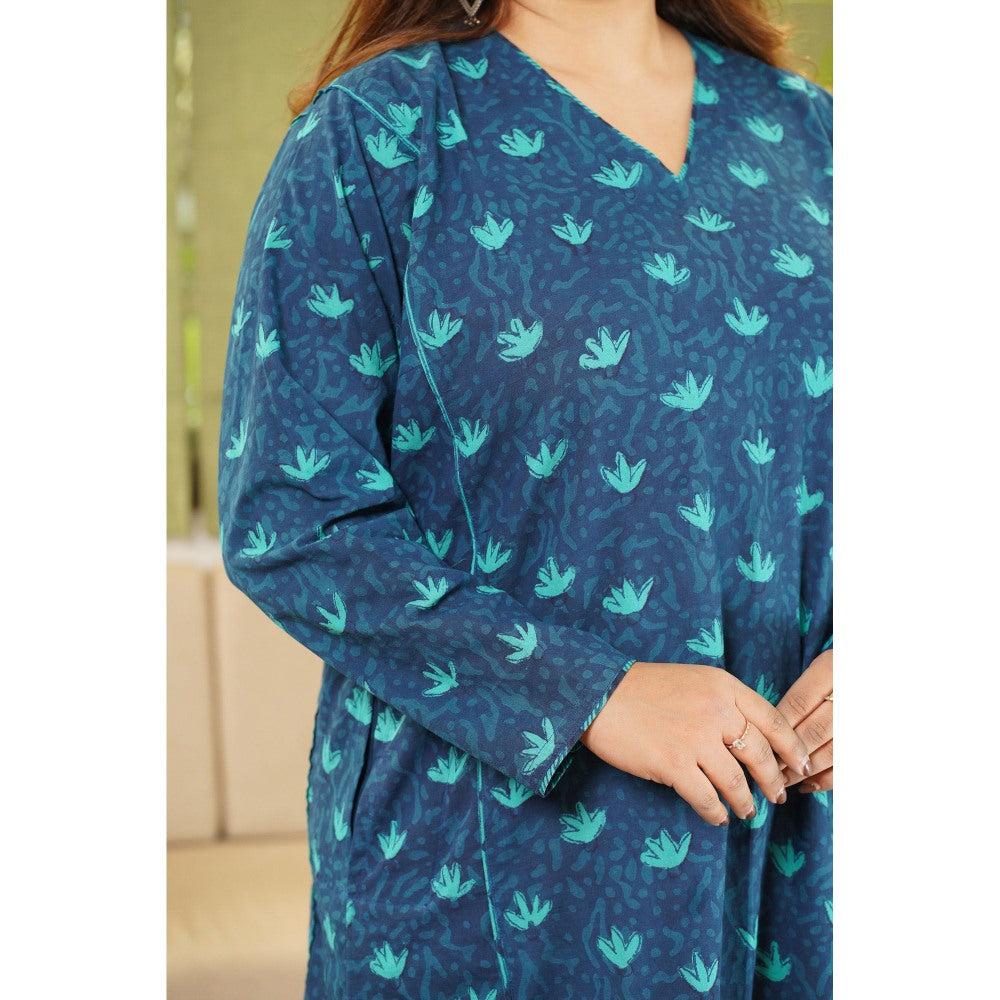 The Indian Ethnic Co. Feriya Dabu Teal Cotton Kali Kurta