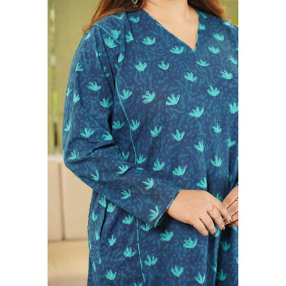 The Indian Ethnic Co. Feriya Dabu Teal Cotton Kali Kurta