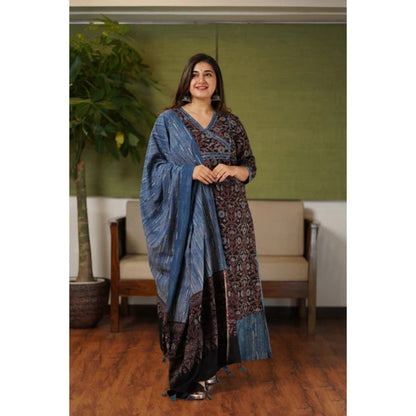 The Indian Ethnic Co. Black & Indigo Floral Jaal Ajrakh Cotton Kurta (Set of 3)