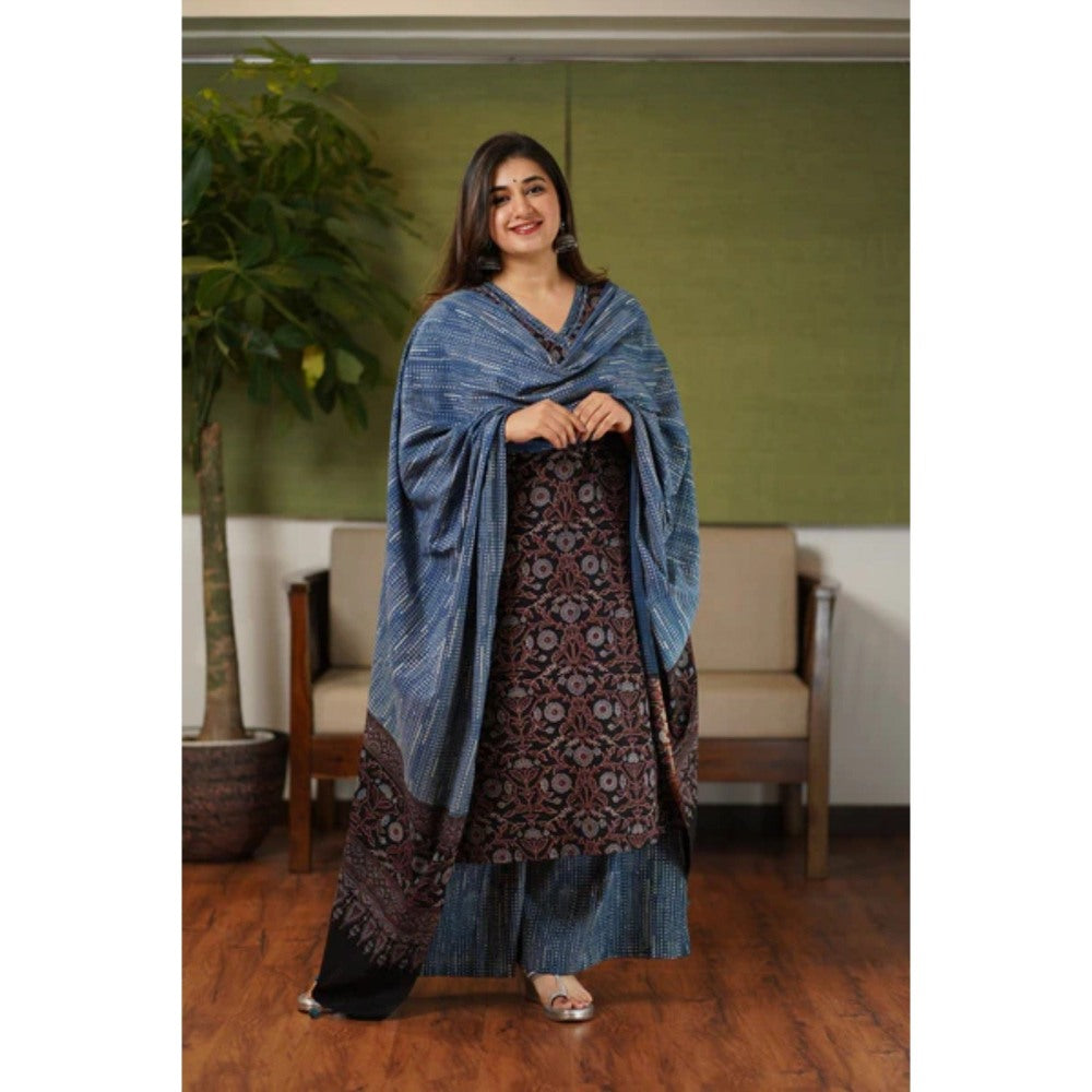 The Indian Ethnic Co. Black & Indigo Floral Jaal Ajrakh Cotton Kurta (Set of 3)