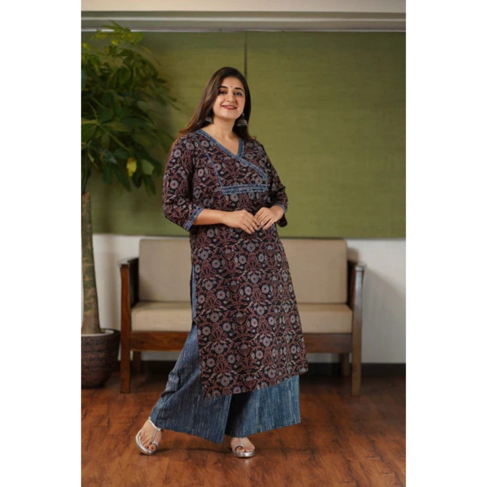 The Indian Ethnic Co. Black & Indigo Floral Jaal Ajrakh Cotton Kurta (Set of 3)
