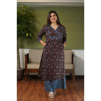 The Indian Ethnic Co. Black & Indigo Floral Jaal Ajrakh Cotton Kurta (Set of 3)