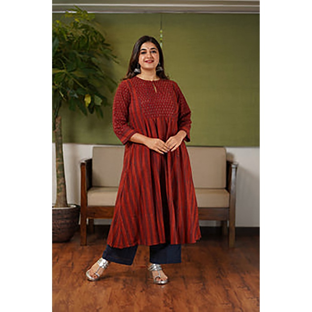 The Indian Ethnic Co. Ruchi Red Patchwork Kali Ajrakh Cotton Kurta