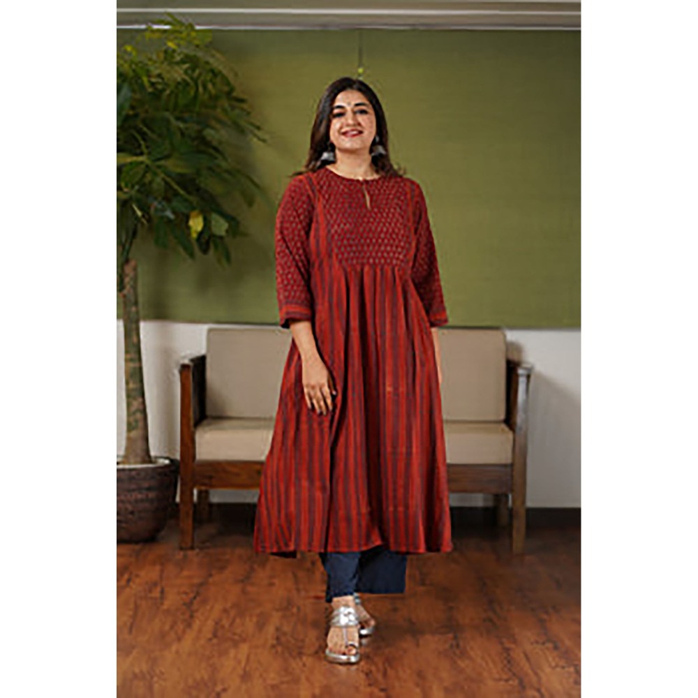 The Indian Ethnic Co. Ruchi Red Patchwork Kali Ajrakh Cotton Kurta