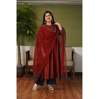 The Indian Ethnic Co. Ruchi Red Patchwork Kali Ajrakh Cotton Kurta