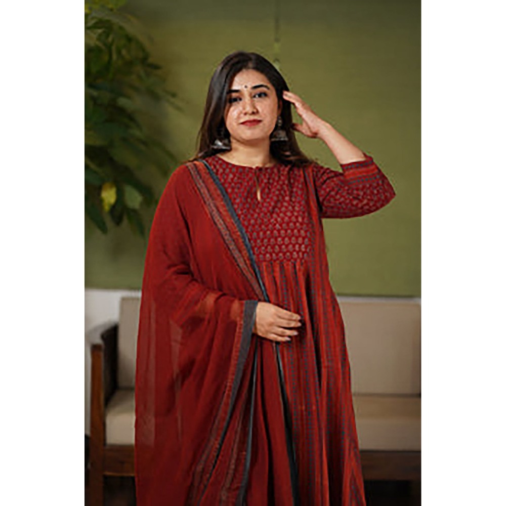 The Indian Ethnic Co. Ruchi Red Patchwork Kali Ajrakh Cotton Kurta