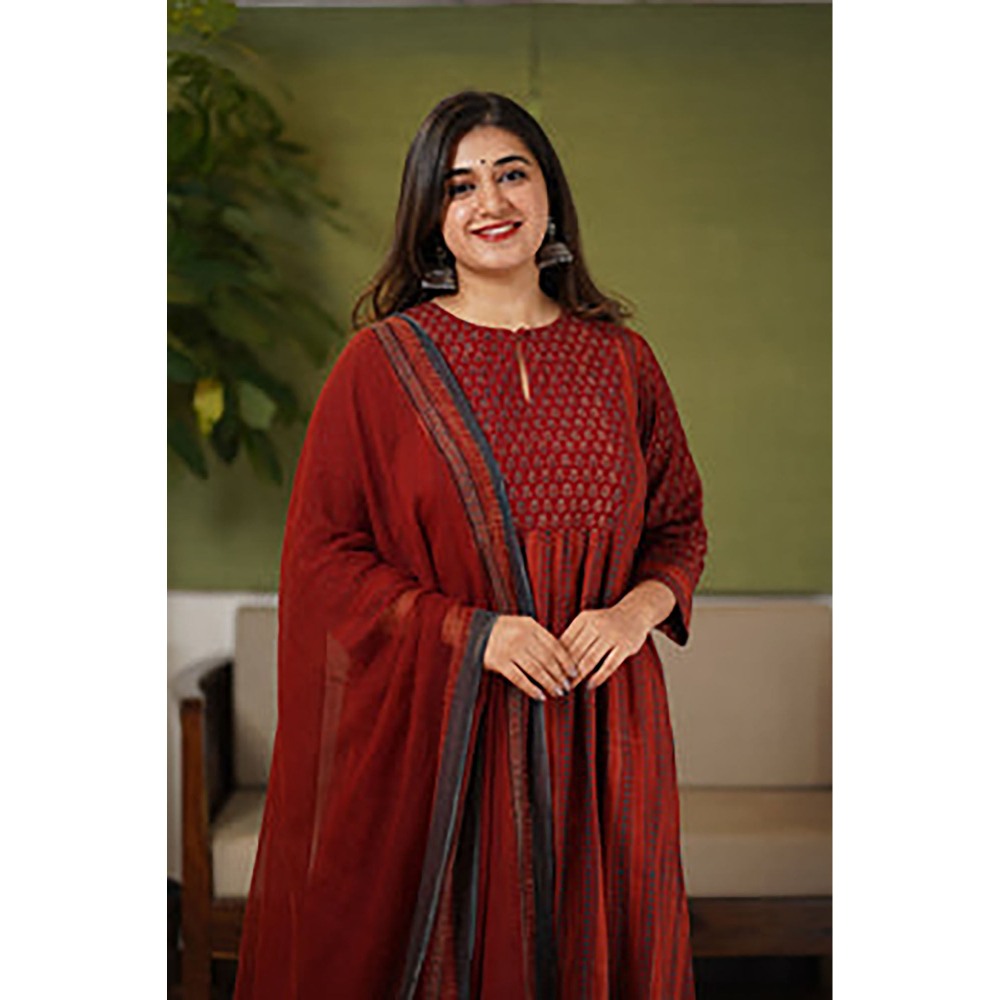 The Indian Ethnic Co. Ruchi Red Patchwork Kali Ajrakh Cotton Kurta