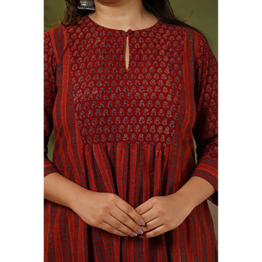 The Indian Ethnic Co. Ruchi Red Patchwork Kali Ajrakh Cotton Kurta